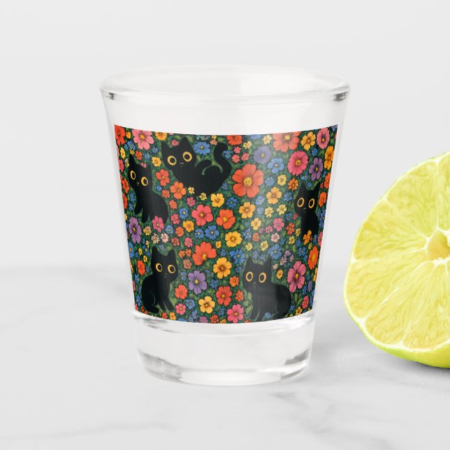 Copo De Shot Kawaii Garden Art | Cute Black Cat Floral Pattern (Frente)