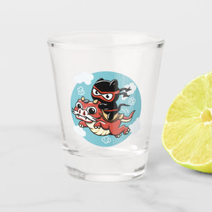 Copo De Shot Kawaii Ninja Cat Andando um Dragão Vermelho