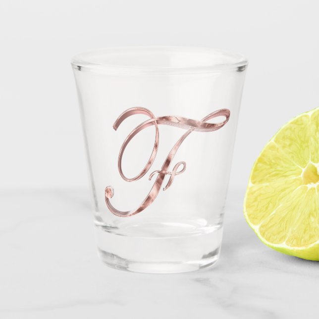 Copo De Shot Letra Elegante Monograma F Rosa Chic Dourada (Frente)