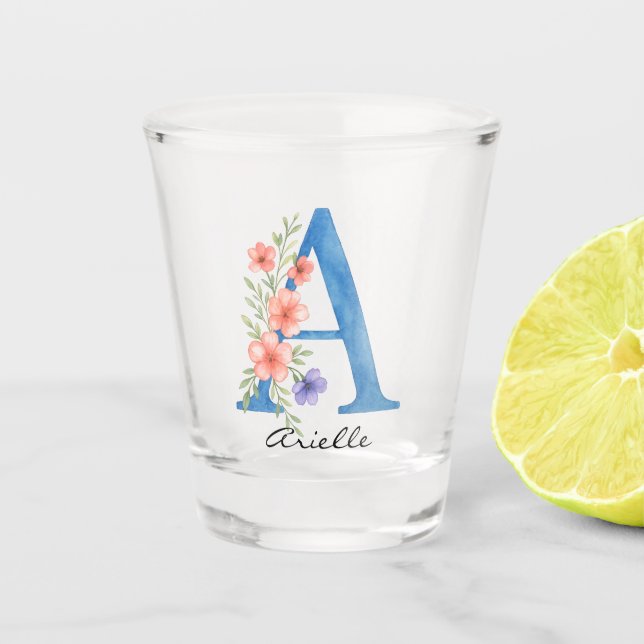 Copo De Shot Letra floral A personalizada com aquarela monogram (Frente)