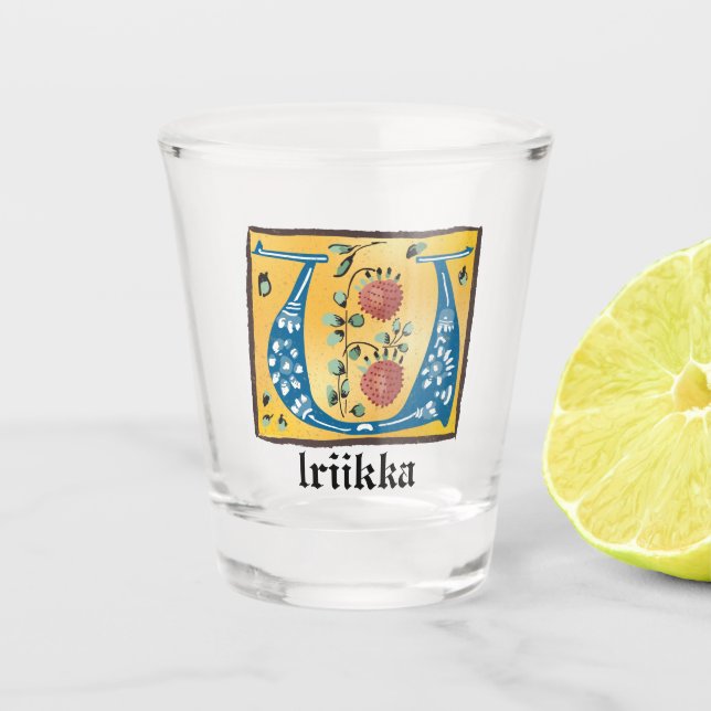 Copo De Shot Letra Floral Iluminada Medieval U Monograma (Frente)