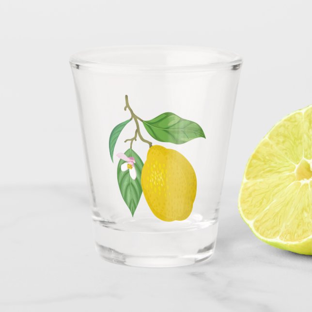 Copo De Shot Limão amarelo com folhas verdes e flores brancas (Frente)