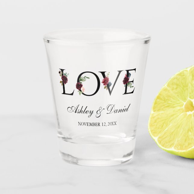 Copo De Shot Love Watercolor Floral Burgundy Blue Casamento (Frente)