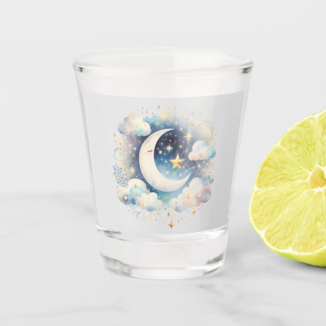 Copo De Shot Lua Crescente Azul e Branco Boho Moderno (Frente)