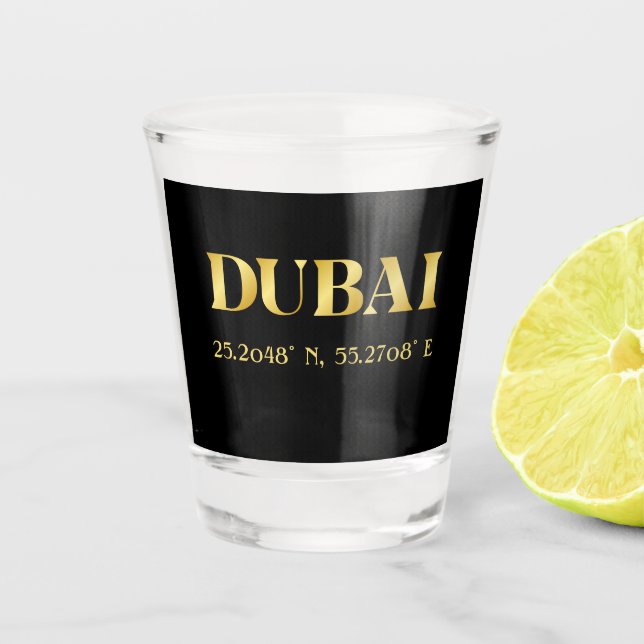 Copo De Shot Lux Dourado Dubai Latitude & Longitude (Frente)