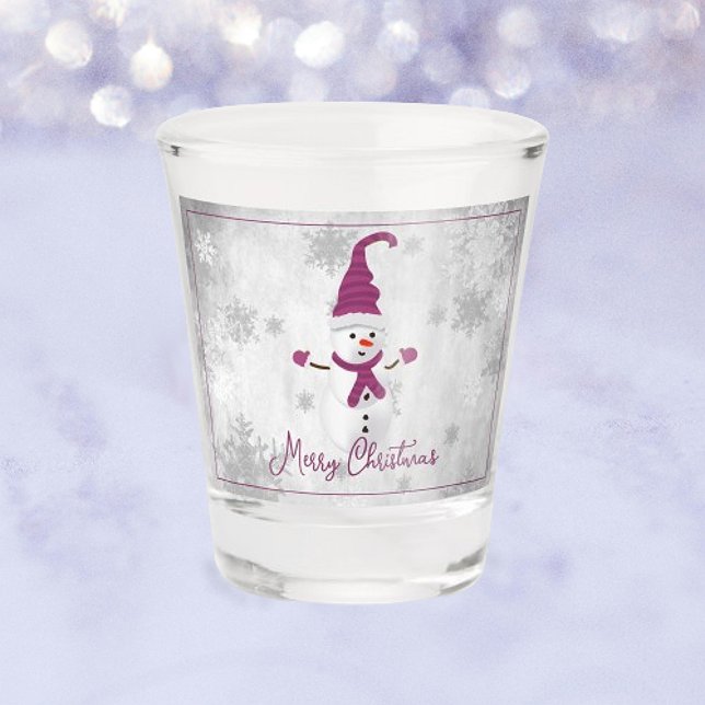 Copo De Shot Magenta Cute Snowman - Vidro de Natal (Magenta Cute Snowman Holiday Shot Glass)