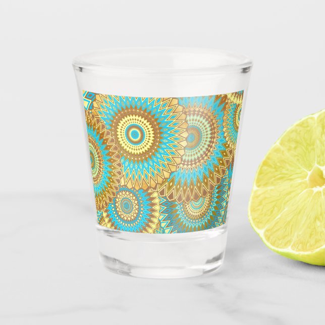 Copo De Shot Mandala Sobreposto Azul Marrom Dourado (Frente)