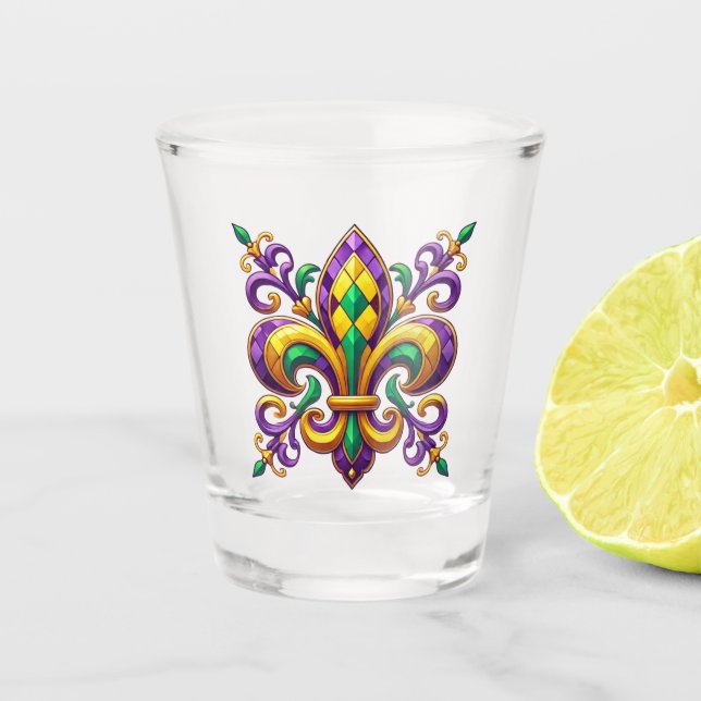 Copo De Shot Mardi Gras fleur de lis, verde-púrpura (Frente)