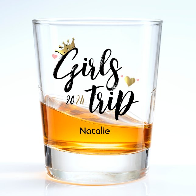 Copo De Shot Meninas Viajam Douradas Férias Coronárias Rosa-Ros (Girls Trip Gold Crown Pink Heart Vacation Shot Glass)
