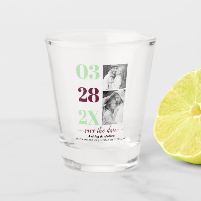 Copo De Shot Mint green e burgundy duas fotos Salvar a data (Frente)