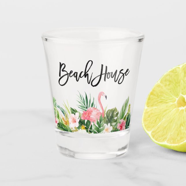 Copo De Shot Modern Brush Script Tropical Floral Beach House (Frente)