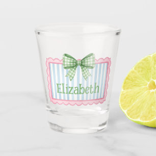 Copo De Shot Moldura Rosa e Azul com Laço de Gingham Verde
