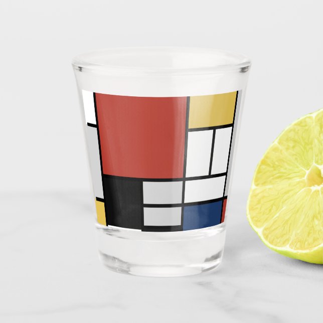 Copo De Shot Mondrian Painting Red Plane Yellow Black Cinza Blu (Frente)