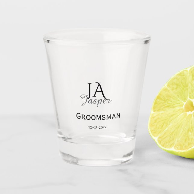 Copo De Shot Monogram personalized groomsman best man name date (Frente)