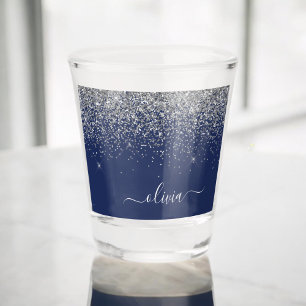 Copo De Shot Monograma Brilhante de Glitter Azul Naval Prateado