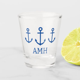 Copo De Shot Monograma de Âncoras Náuticas Simples Azul e Branc