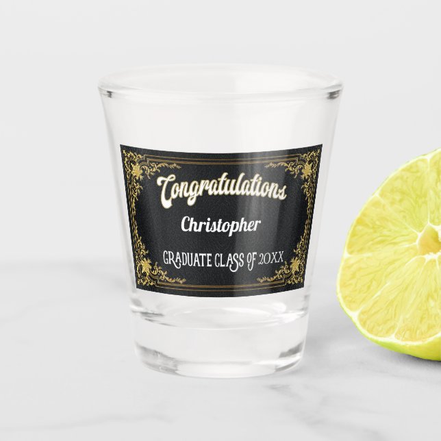 Copo De Shot Monograma Dourado da graduação do preto elegante (Frente)