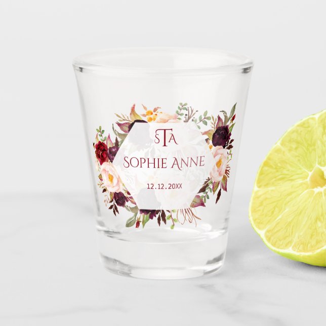 Copo De Shot Monograma Geométrico Floral de Marsala (Frente)