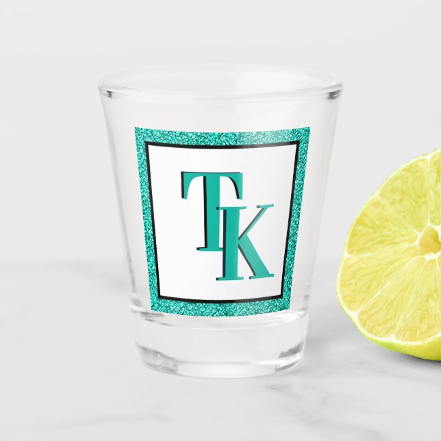 Copo De Shot Na moda Teal Blue Glitter Glam Monogramas (Frente)