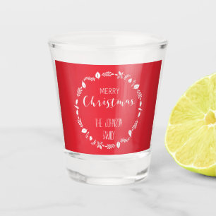 Copo De Shot Natal Vermelho com Decoração de Folhas Brancas