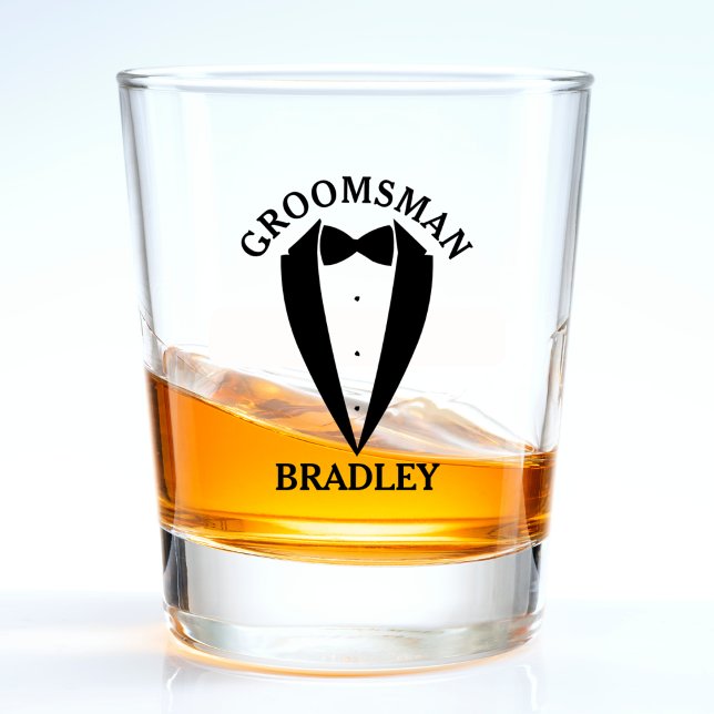 Copo De Shot Nome do Padrinho Negro Casamento Festa de Despedid (groomsman shot glass, black suit bowtie)