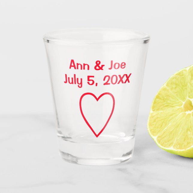 Copo De Shot Nomes de casal coração vermelho data do casamento  (Frente)
