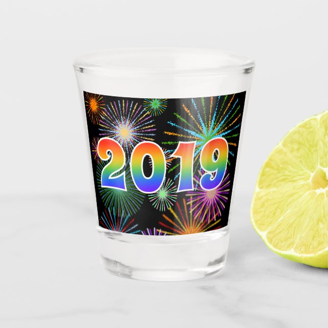 Copo De Shot O arco-íris rotula "2019" + Fogos-de-artifício (Frente)