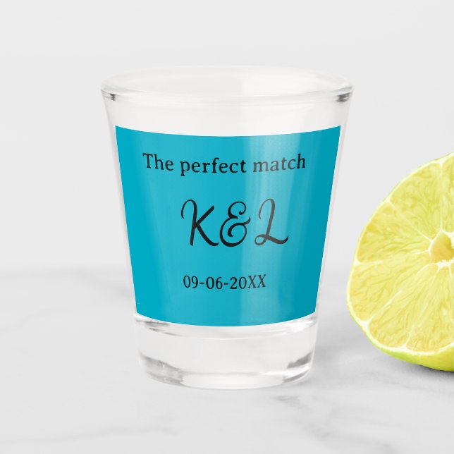 Copo De Shot O casal perfeito nome letra data azul sim (Frente)