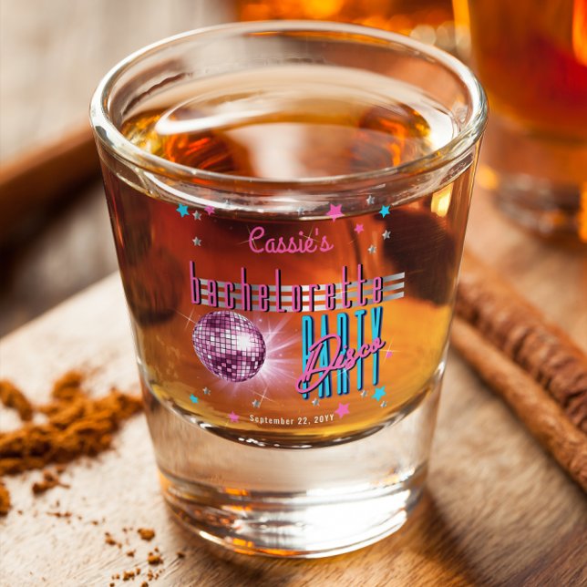 Copo De Shot Olhar Retro Neon dos Anos 70 Bola de Discoteca Fes (Retro 70's Neon Look Disco Ball Bachelorette Party Shot Glass)