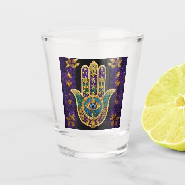 Copo De Shot Ornamentado Dourado Terceiro Olho Hamsa (Frente)