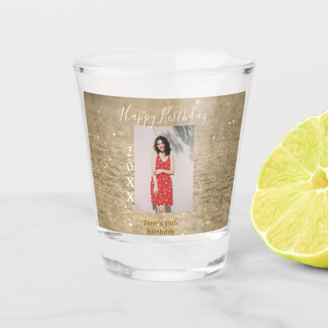 Copo De Shot Ouro reluzente feliz 15 de aniversário nome ano (Frente)