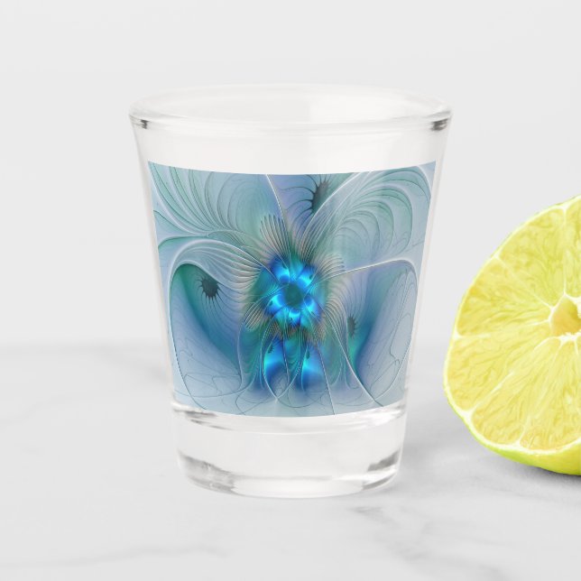 Copo De Shot Ovações de Pé, Fractal Azul Turquesa Abstrato (Frente)
