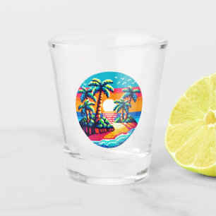 Copo De Shot Paraíso Tropical Sunset Beach Relaxando Pixel Art
