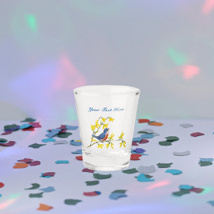 Copo De Shot Pássaro Cantor Vermelho e Azul nas Flores Amarelas