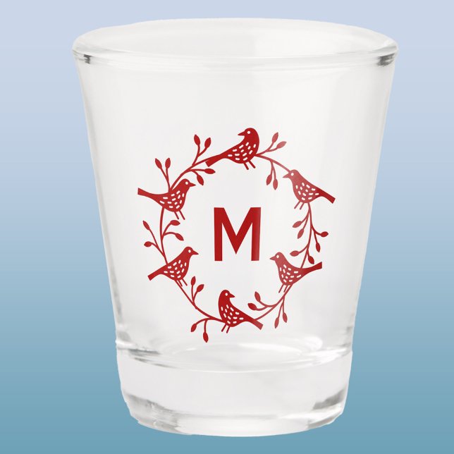 Copo De Shot Pássaro Monograma e Pássaro Escandinavo Flor (Scandinavian bird wreath personalized monogram initial shot glass)