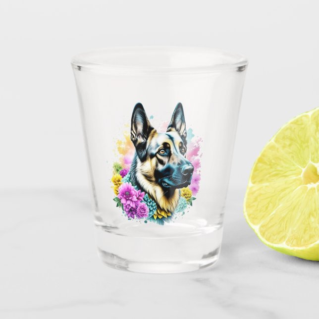 Copo De Shot Pastor Alemão e Flores arte de IA (Frente)