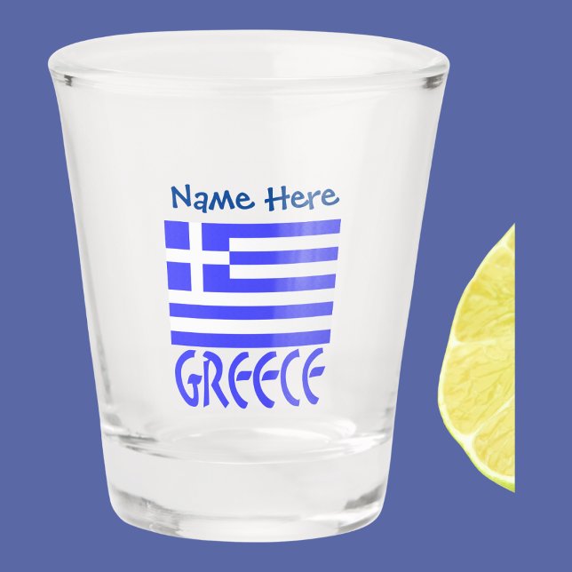 Copo De Shot Personalização Azul da Grécia e da Bandeira Grega  (Greek flag on a shot glass with the word GREECE underneath in blue letters. Add s name above.)