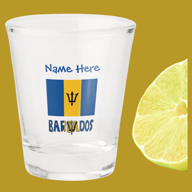 Copo De Shot Personalização Azul do Sinalizador Barbados e Barb (Shot glass with Barbadian or Bajan Flag and the word BARBADOS below in flag colors. Add name above.)