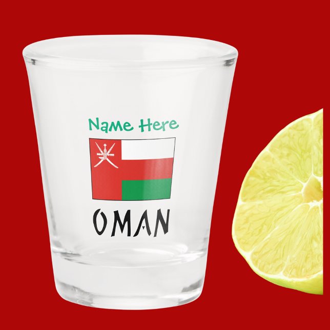 Copo De Shot Personalização Verde da Bandeira Omanense  (Omani Flag on shot glass has word OMAN below in black text. Above add a name in green letters.)