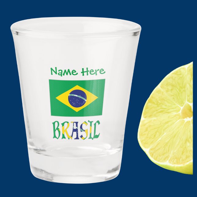 Copo De Shot Personalização Verde da Bandera do Brasil (Brazilian Flag on shot glass with the Portuguese word BRASIL below in flag colors. Above add a name.)