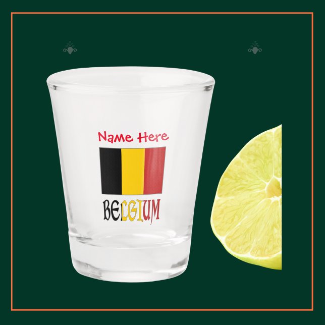 Copo De Shot Personalização Vermelha da Bélgica e do Sinalizado (Personalized shot glass with Belgian Flag and the word BELGIUM below in flag colors. Add name above.)