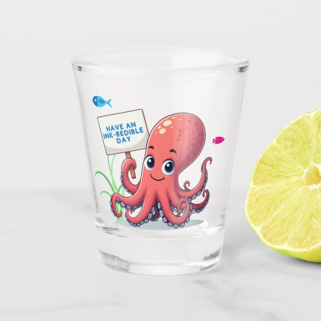 Copo De Shot Polvo de desenho animado com peixe (Frente)