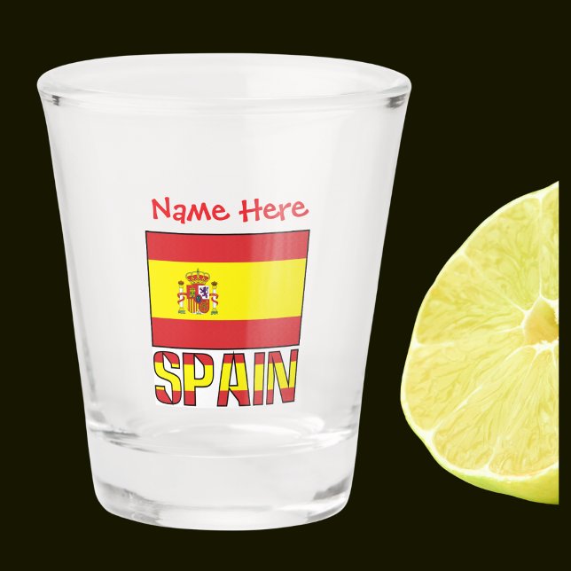 Copo De Shot Presente Personalizado da Bandeira da Espanha Hera (Spanish Flag on shot glass with word SPAIN below in flag colors. Add name in red text above.)