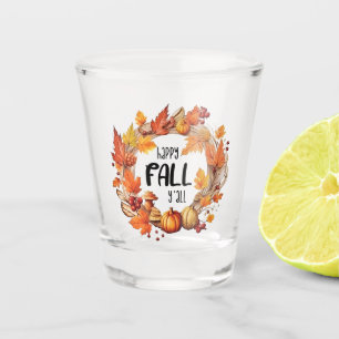 Copo De Shot Queda Feliz - Pumpkin e Autumn Leaves Wreath