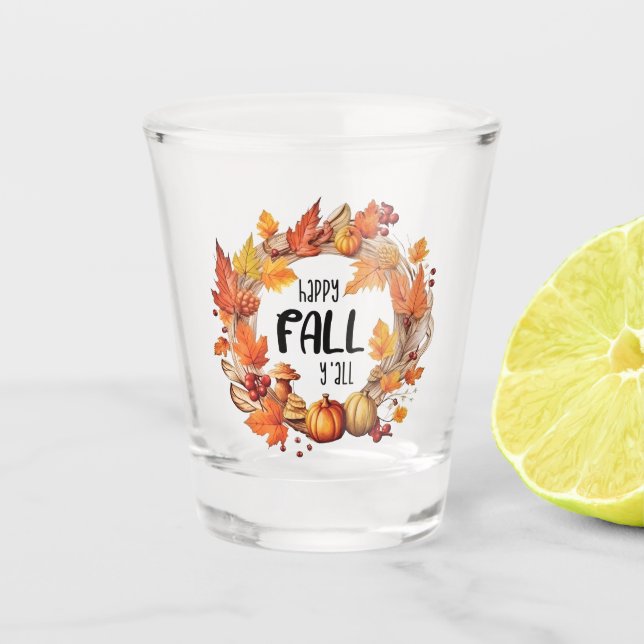 Copo De Shot Queda Feliz - Pumpkin e Autumn Leaves Wreath (Frente)