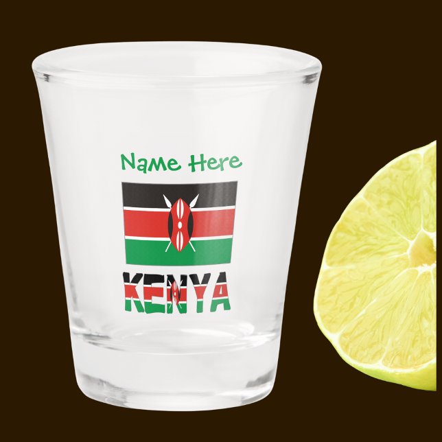 Copo De Shot Quênia: Bandeira Queniana Recebeu Personalização V (Kenyan Flag on shot glass has the word KENYA below in the colors of the flag. Add a name above.)