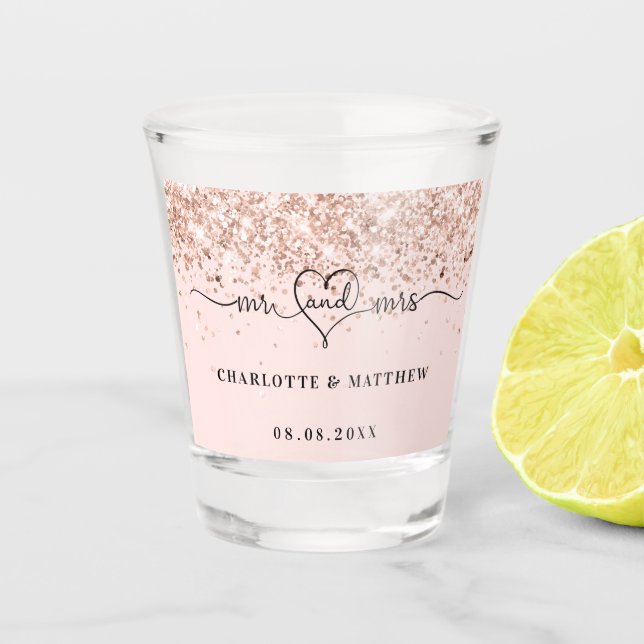 Copo De Shot Recém-casados sr sra rosa dourado casamento (Frente)