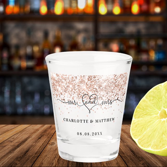Copo De Shot Recém-casados sr sra rosa ouro brilho casamento  (Criador carregado)