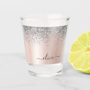 Copo De Shot Rosa Dourado - Rosa Bege Glitter Monograma Prata