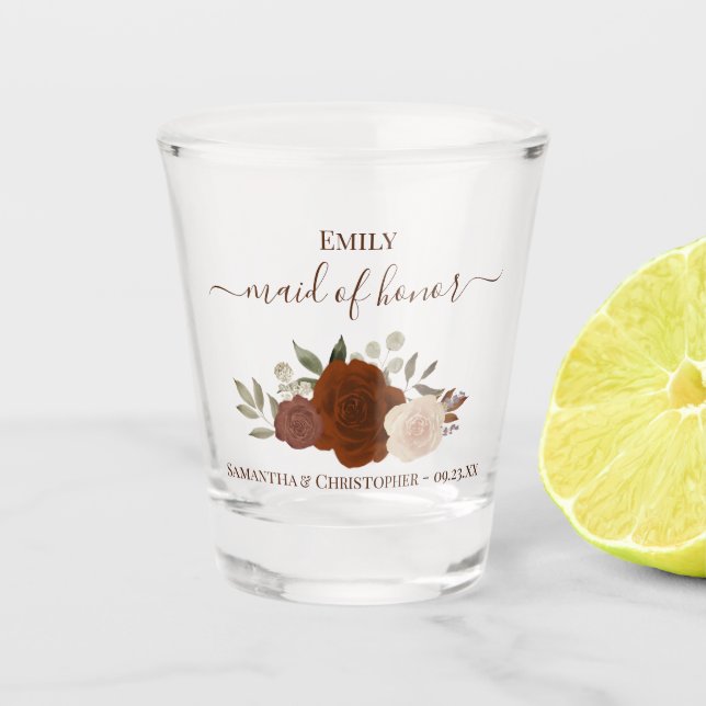 Copo De Shot Rosas Laranja Enferrujado Elegante Dama de Honra C (Frente)